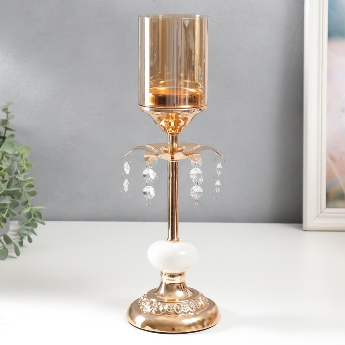 Подсвечник металл на 1 свечу "Цветок с кристаллами" золото, белый 37х11х11 см