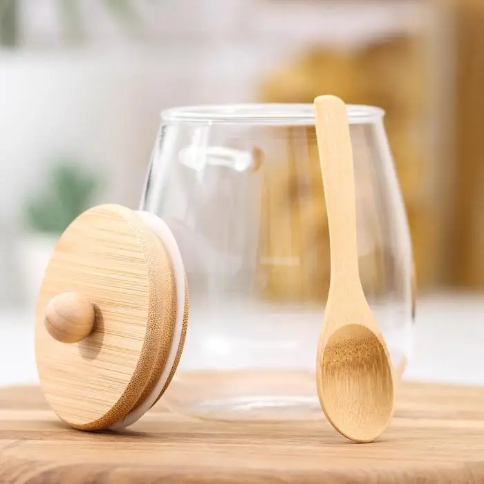 Сахарница BellaTenero &laquo;Эко&raquo; с ложкой, 650 мл, 10.5&times;10&times;13.5 см, с бамбуковой крышкой, стекло, прозрачная