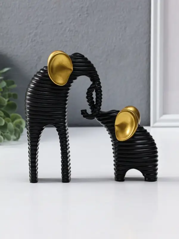 Сувенир полистоун "Слон со слонёнком. Гофре" чёрный с золотом набор 2 шт 5,5х16,5х16,5 см