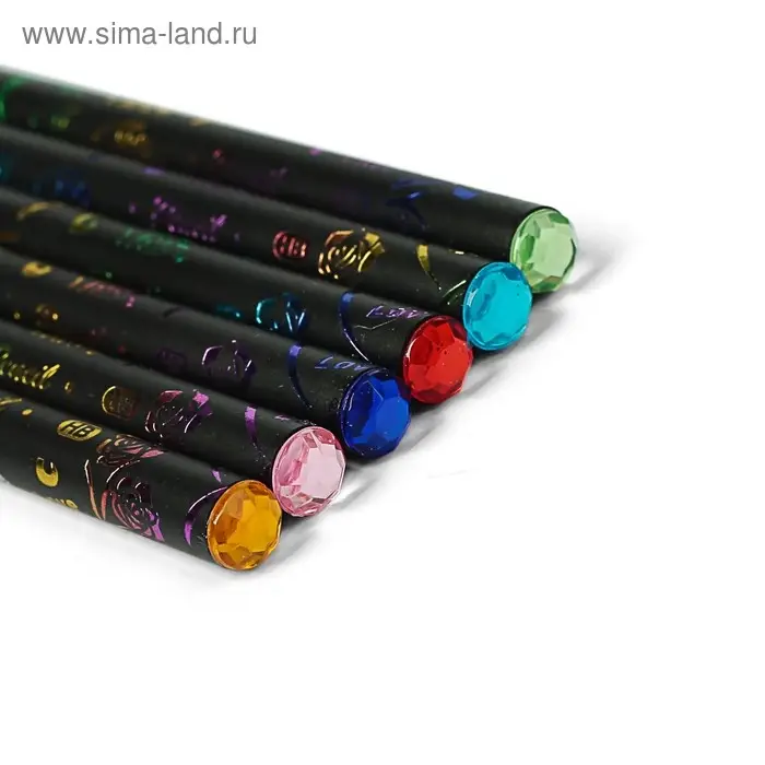 Карандаш чернографитный твёрдость HB, корпус чёрный с рисунком, заточенный, со стразой из акрила, МИКС