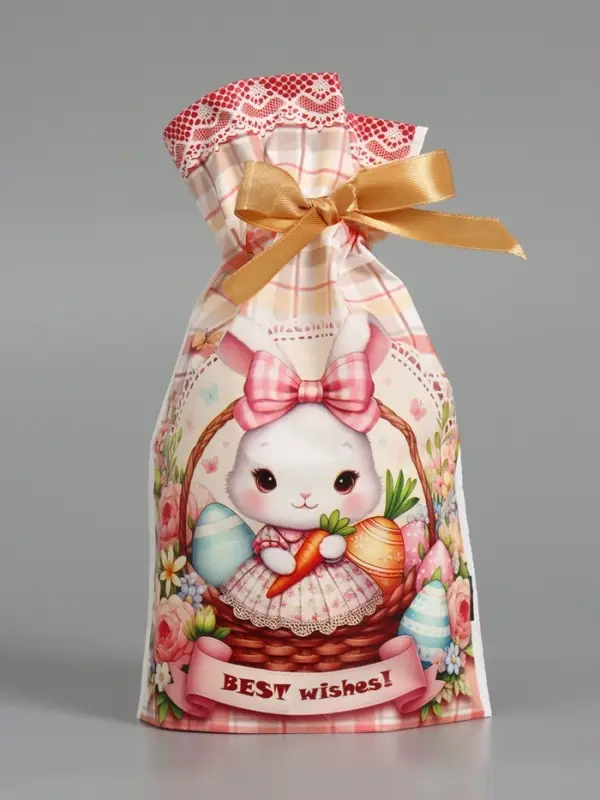 Пакет  полиэтиленовый подарочный "Заяц с цветами", с завязками, 15х23&plusmn;1 см