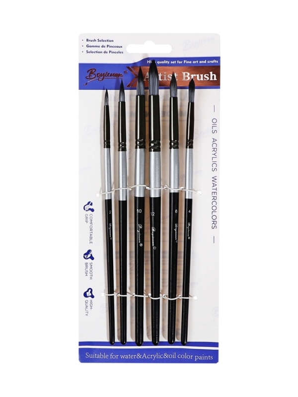 Набор кистей синтетика круглые 6 штук черно-серые (№2,4,6,8,10,12)