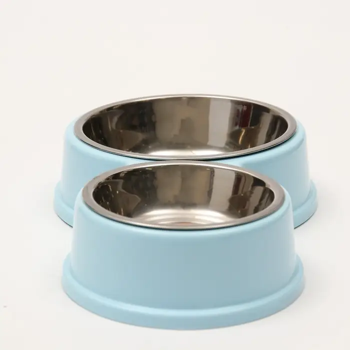 Миска металлическая двойная на пластиковом основании, 28 х 17,3 х 5 см, голубая
