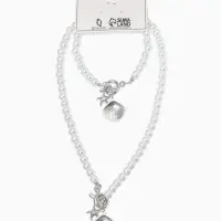 Набор 2 пред-та: бусы.браслет "Жемчуг", ракушка вонголе, цвет белый в серебре L=18/42см №8   1093654