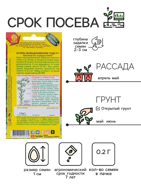 Семена Огурец "Необыкновенное чудо" F1, раннеспелый, партенокарпический, 0,25 г ( 10 шт.)