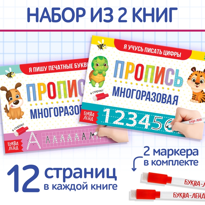 Набор многоразовых прописей &laquo;Пиши- стирай. Пишем буквы и цифры&raquo;, с маркером 2 шт., 12 стр.