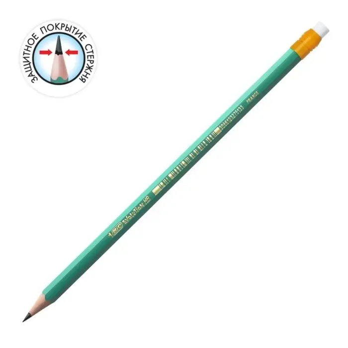 Карандаш чернографитный (простой) НВ, BIC Evolution, заточенный, пластиковый, c ластиком, шестигранный, зелёный корпус