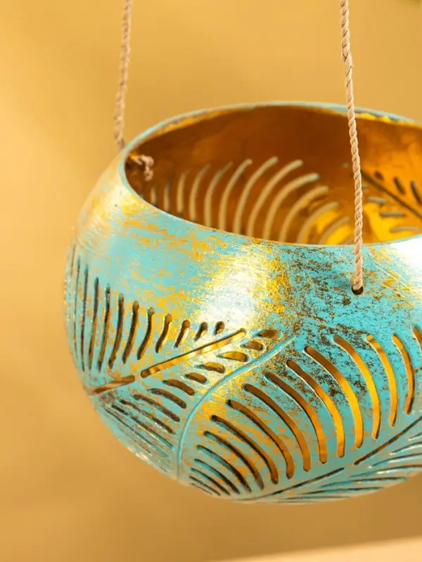 Подсвечник подвесной из кокоса, 10-13 см, бирюзово-золотой