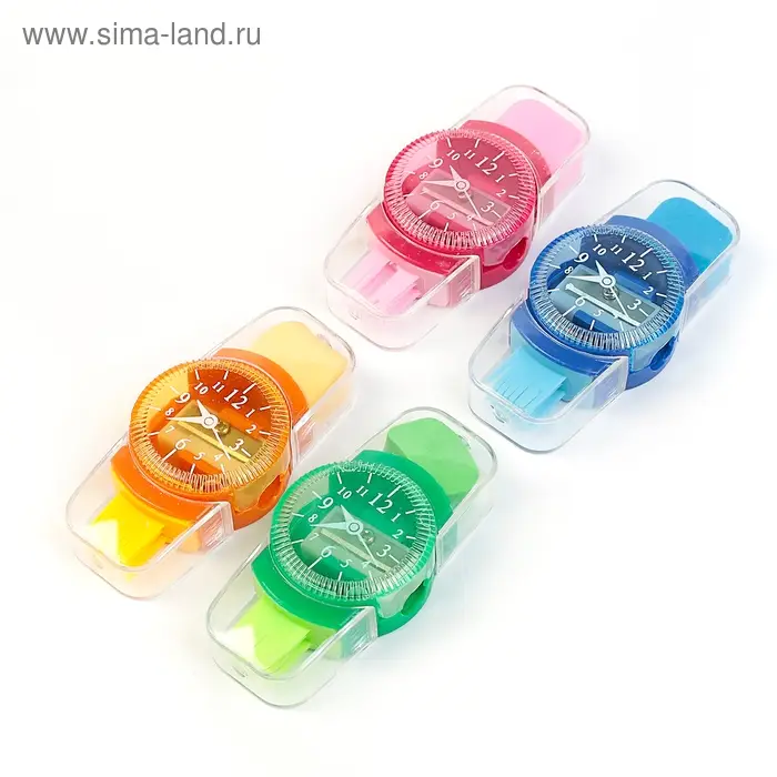 Точилка с контейнером &laquo;Часы&raquo;, с ластиком и щеткой, МИКС