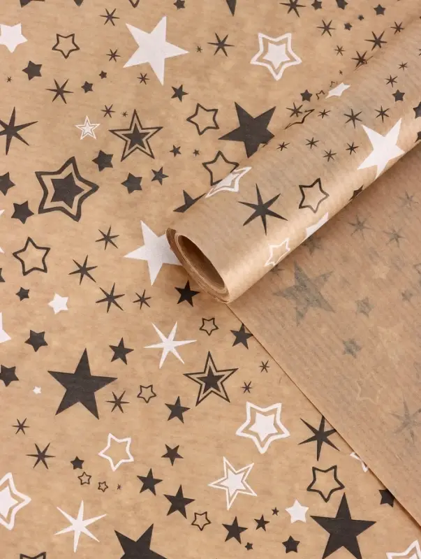 Бумага упаковочная крафт "Звезды", белый/графитовый, 0,72 х 10&plusmn; 5% м, 40 гр