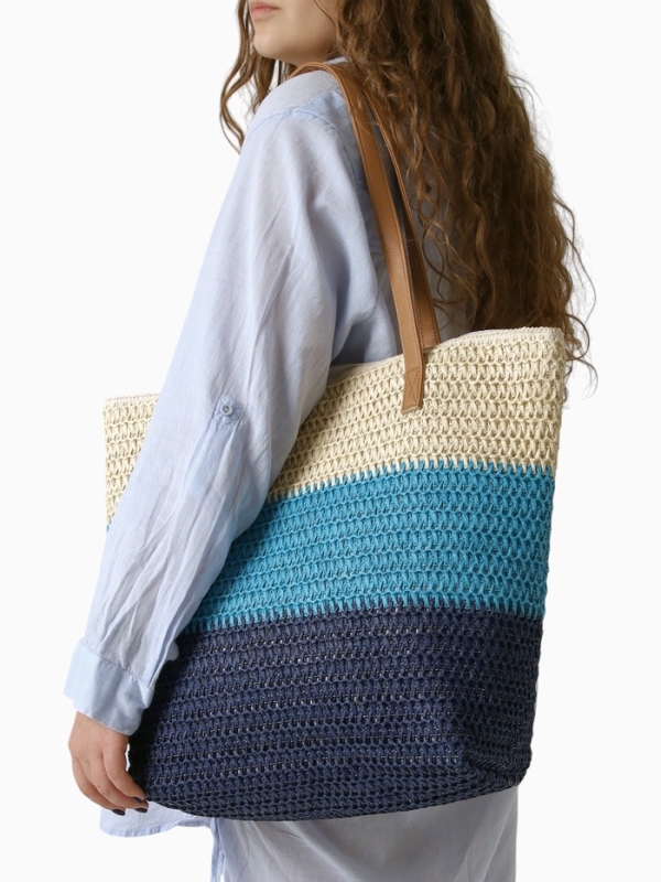 Сумка пляжная Полосы, 47*12*35, отд на молнии, подкладка, беж/синий