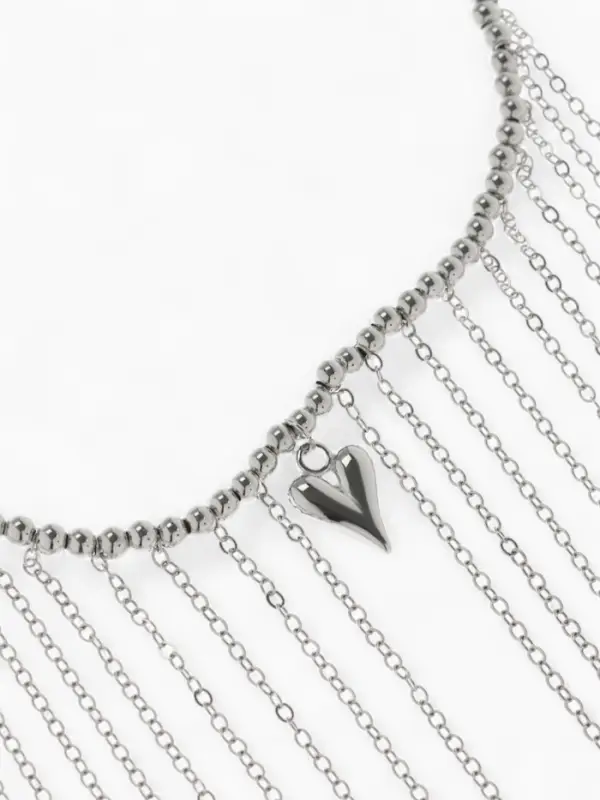 Колье "Сердце" водопад с бусинами, цвет серебро