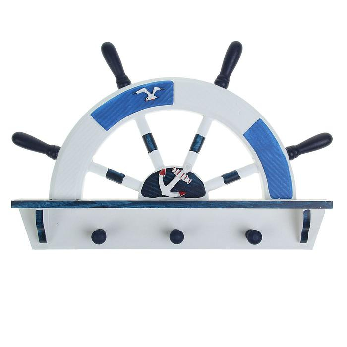 Вешалка интерьерная &laquo;Штурвал&raquo;, 3 крючка, бело-синяя, 45 х 28 х 5 см