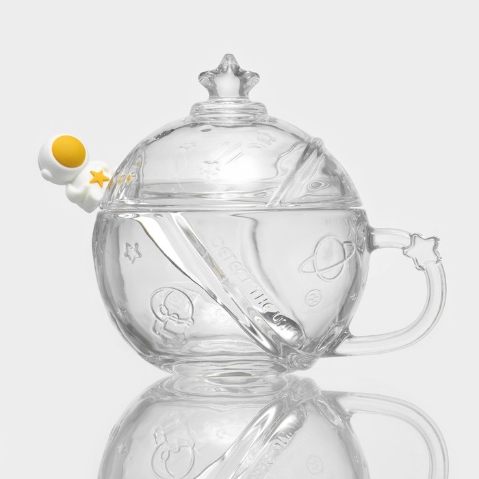 Кружка стеклянная с крышкой и ложкой &laquo;Космос&raquo;, 350 мл