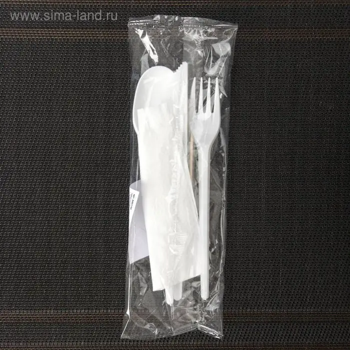 Набор пластиковых одноразовых столовых приборов 5 в 1: вилка, ложка, нож, салфетка, зубочистка, цвет белый