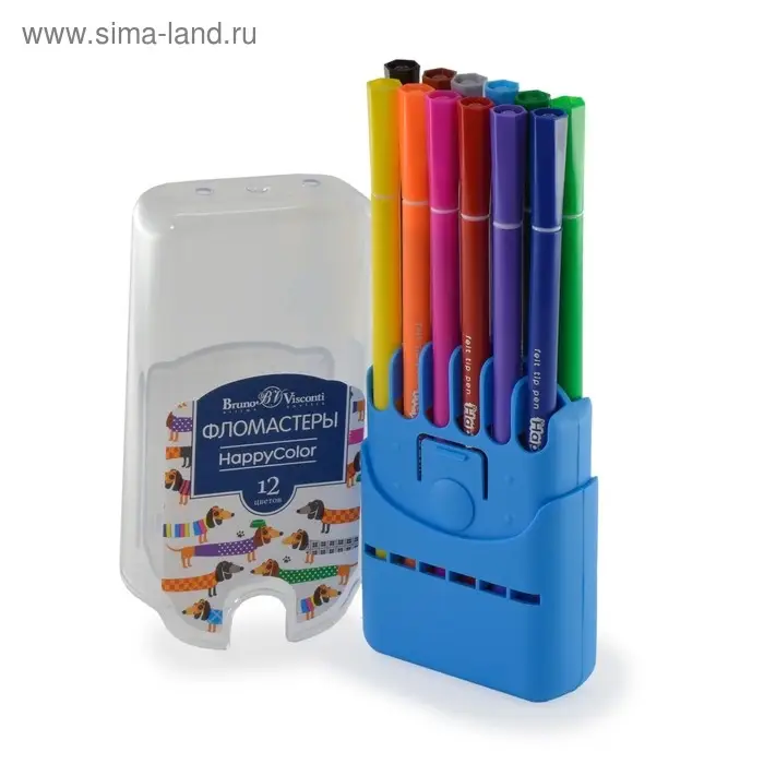 Фломастеры 12 цветов BrunoVisconti HappyColor, в пластиковом пенале, микс