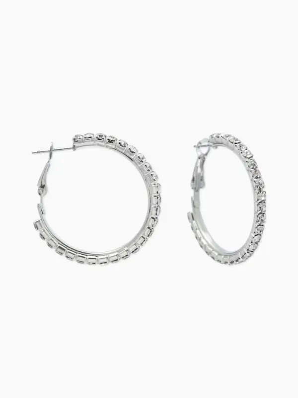 Серьги-кольца со стразами d=3.5 см, белые в серебре