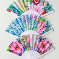 Веер пластик, текстиль "Цветы и узоры" МИКС широкие лопасти, золото 23 см