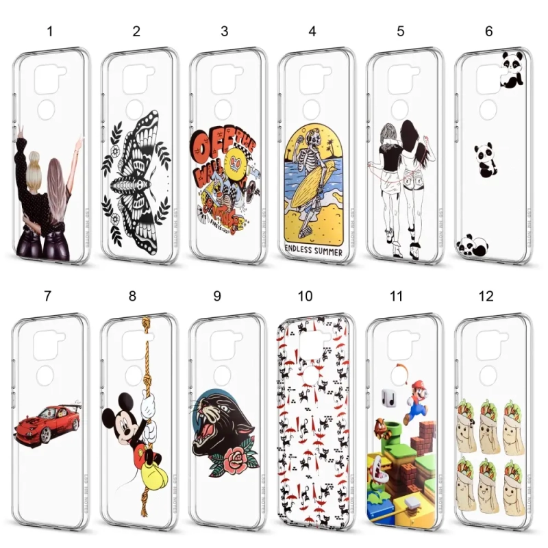 Чехол Xiaomi Note 9 TPU 1.0mm прозрачный с принтами в ассортименте