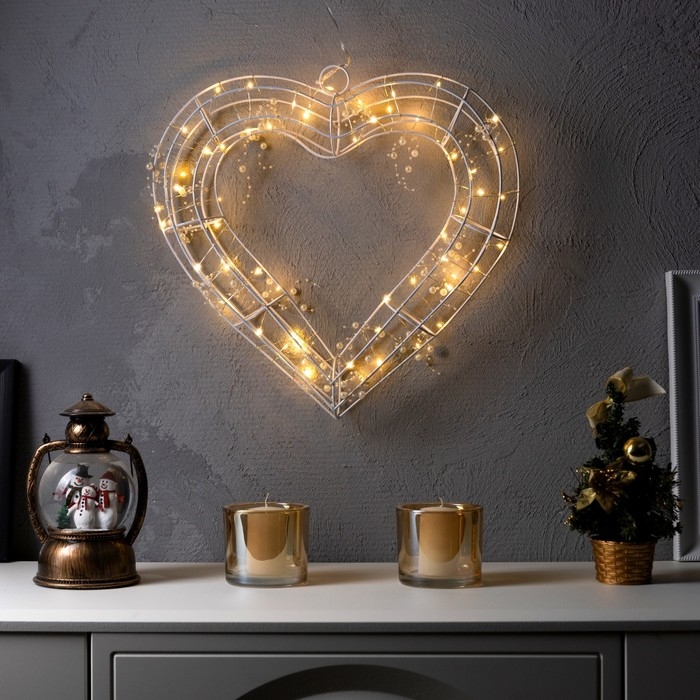 Светодиодная фигура &laquo;Сердце с бусинами&raquo; 40.5 &times; 39.5 см, металл, батарейки ААх2 (не в комплекте), свечение тёплое белое