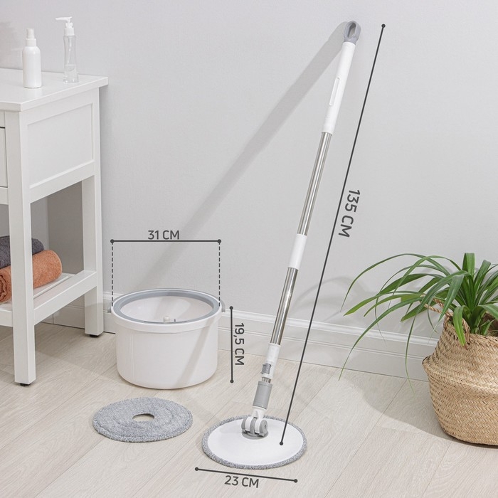 Швабра с отжимом и ведром Raccoon: ведро с подачей воды 19,5&times;31 см, швабра 23&times;135 см, насадка из микрофибры d=23 см