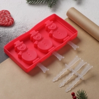 Форма для мороженого новогодняя Доляна &laquo;Снеговик&raquo;, силикон, 18&times;9&times;2 см, 3 ячейки, с палочками, цвет красный