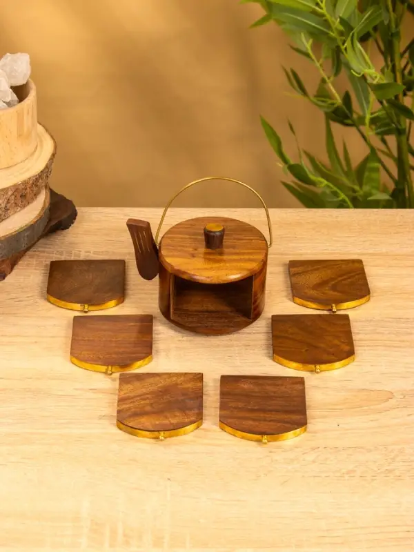 Подставка под горячее "Чайник" с золотыми вставками (набор 6 шт), 10х12х8 см,  дерево шишам