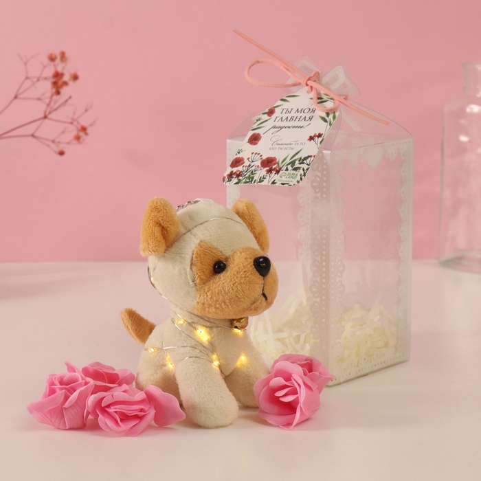 Набор подарочный "Пёсик белый" мыльные розовые розы 5 шт, роса 7х7х12 см
