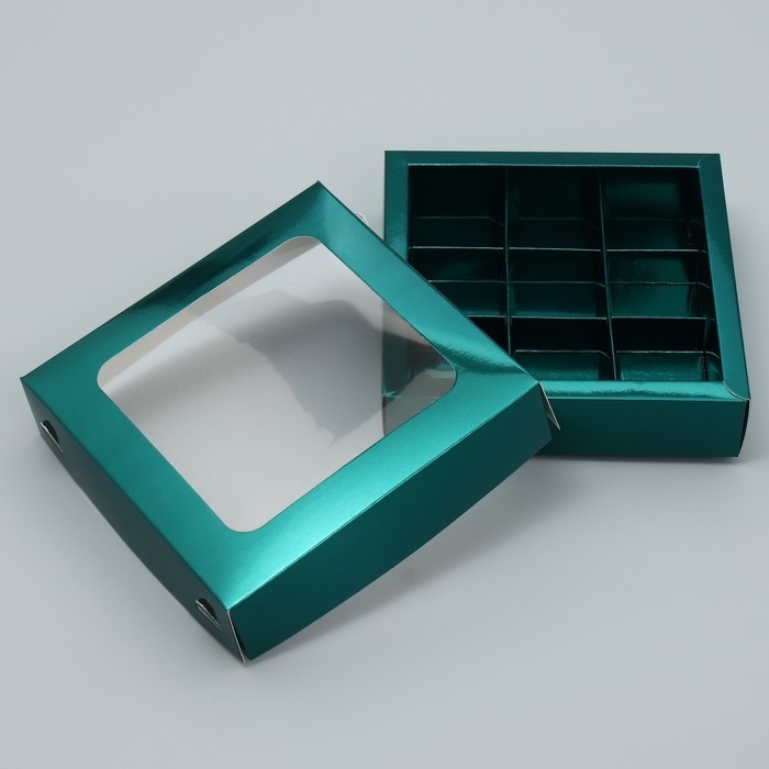 Коробка для конфет, кондитерская упаковка, 9 ячеек, &laquo;Изумрудная&raquo;, 14.7 х 14.7 х 3.5 см
