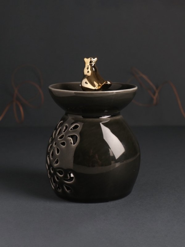 Аромалампа керамика "Птичка в короне в цветочной чаше" черный перламутр 9х9х13 см