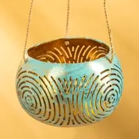 Подсвечник подвесной из кокоса, 14&times;14&times;10 см, бирюзово-золотой