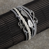 Браслет кожа &laquo;Магия знаков&raquo; совушки, 5 нитей, цвет бело-серый, L=20 см