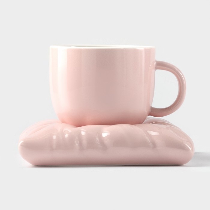 Чайная пара керамическая с ложкой &laquo;Зефирка&raquo;, 2 предмета: чашка 250 мл, блюдце d=13 см, цвет розовый