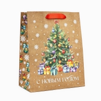 Пакет подарочный новогодний крафтовый вертикальный &laquo;С Новым годом&raquo;, ёлка, MS 18 х 23 х 10 см, Новый год