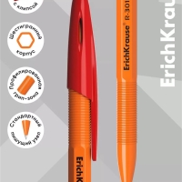 Ручка шариковая ErichKrause R-301 Orange Stick, узел 0.7 мм, чернила красные, длина линии письма 2000 метров, штрихкод на ручке