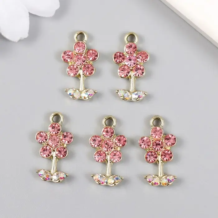 Декор для творчества металл, стразы "Цветочек розовый с листиками" золото 1,1х2 см