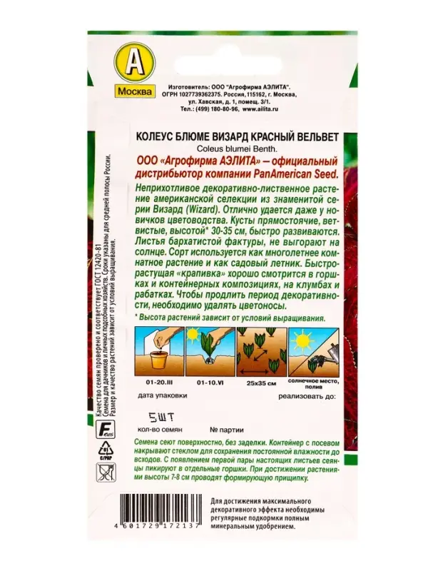 Семена цветов Колеус блюме Красный вельвет Мн Спецсерия PanAmerican, Ц/П,5 шт.