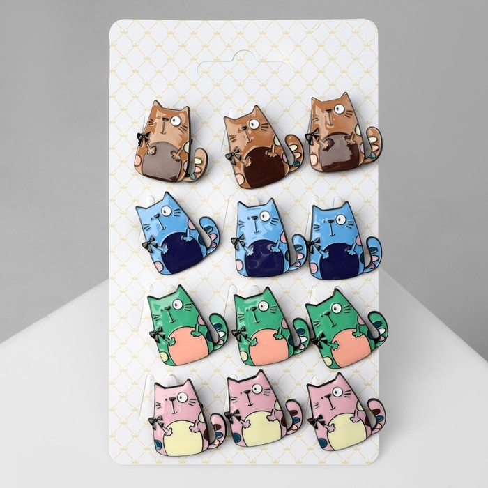 Брошь &laquo;Котик&raquo; мультяшный, цвет МИКС в чёрном металле (неделимая фасовка 12 шт., цена за шт.)