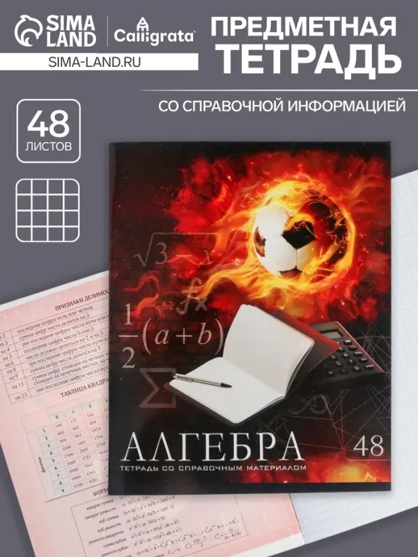 Тетрадь предметная 48 листов в клетку Calligrata, &laquo;Футбол. Алгебра&raquo;, обложка мелованный картон