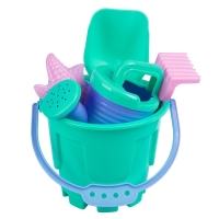 Песочный набор: ведро 1,2 л, лопатка,грабли,4 формочки, лейка 0,2 л, бирюзово-розовый