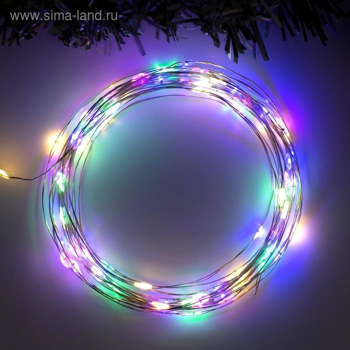 Гирлянда &laquo;Нить&raquo; 5 м роса, IP20, серебристая нить, 100 LED, 2 режима, батарейки AAх3 (не в комплекте), свечение мульти