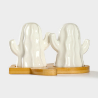 Набор фарфоровый для специй на бамбуковой подставке BellaTenero &laquo;Кактусы&raquo;, 2 предмета: солонка 75 мл, перечница 75 мл, цвет белый