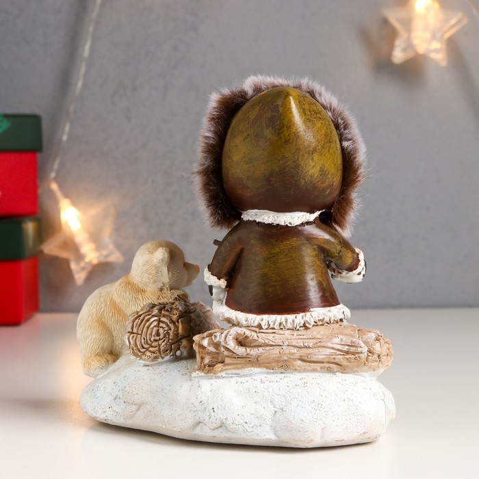 Сувенир полистоун световой "Малыш и белый медвежонок - посиделки у костра" 12,5х8х13,5 см