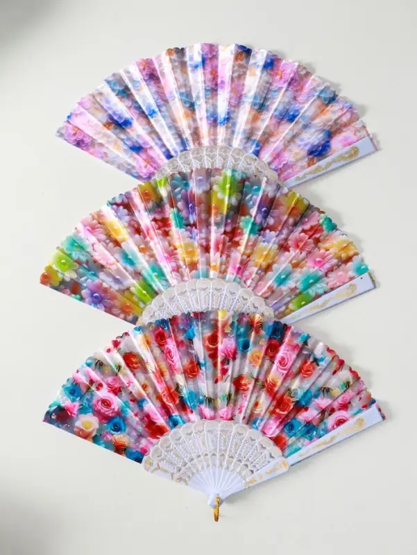 Веер пластик, текстиль "Россыпь цветов" МИКС широкие лопасти 23 см