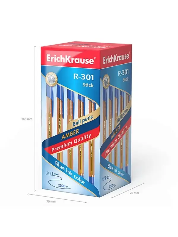 Ручка шариковая ErichKrause R-301 Amber Stick, узел 1.0 мм, чернила синие, длина линии письма 1000 метров