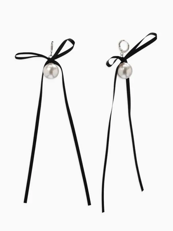 Серьги жемчуг "Бусина с бантиком", №16, цвет бело-чёрный в серебре