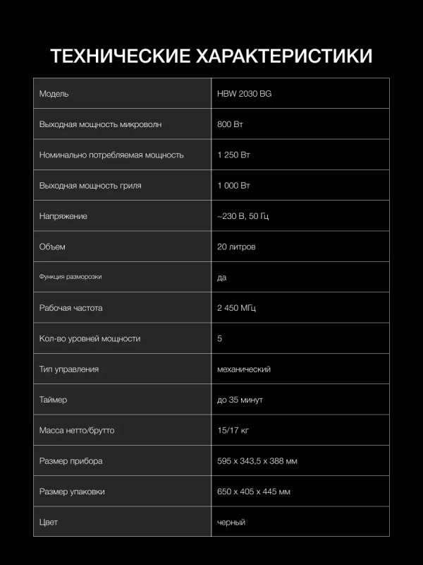 Микроволновая Печь HBW 2030 BG 20л 1250Вт черный