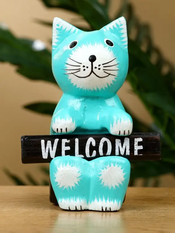 Сувенир "Кот с табличкой WELCOME" дерево 8х4х10 см, цв. бирюзовый