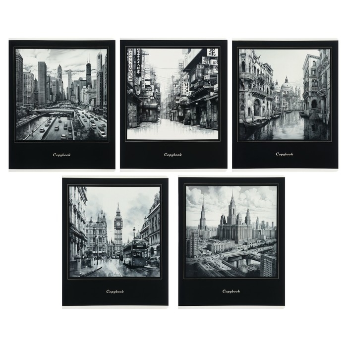 Тетрадь 48 листов в клетку на скрепке "Города", обложка мелованный картон, твин-лак, УФ-лак, блок офсет, МИКС