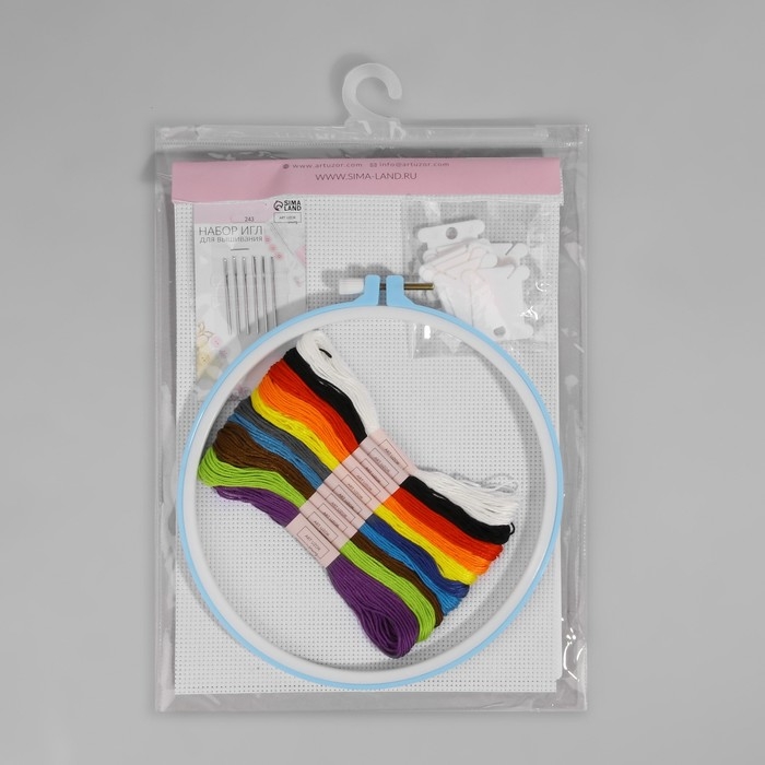 Набор для вышивания крестиком: канва без рисунка 30&times;20 см, нитки 10 шт, пяльцы d = 18 см, иглы 6 шт, шпульки 10 шт, цвет МИКС